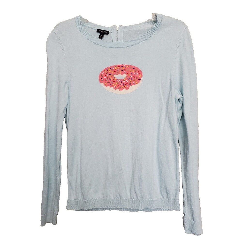 Talbots Cotton Blend Blue Donut with Sprinkles Long Sleeve Sweater Size Small
